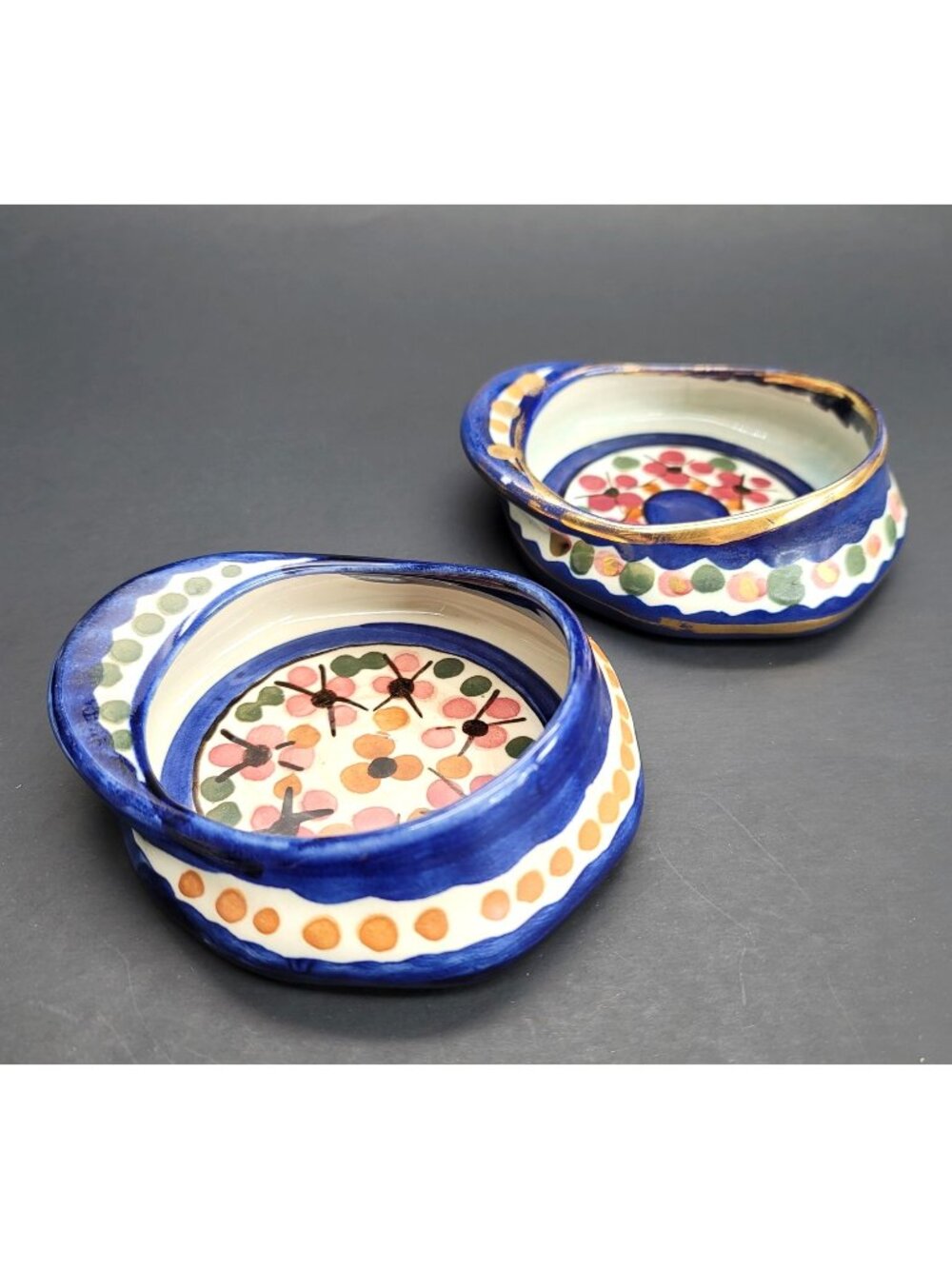 Majolica Holland Hand Painted Hat Cap Dishes Blue Floral Cr153